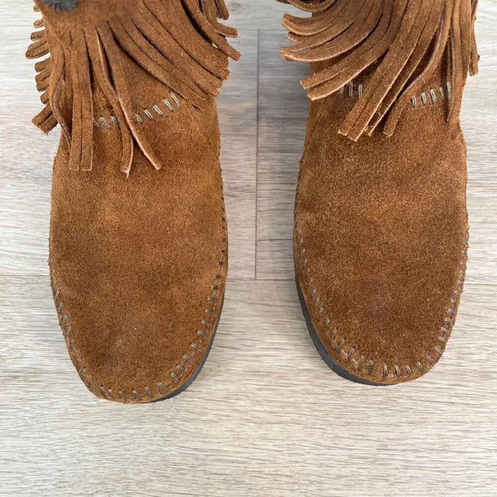 Minnetonka Womens Hi Top Back Zip Western Bootie Shoes Size 6 Brown Suede Fringe - Picture 7 of 11